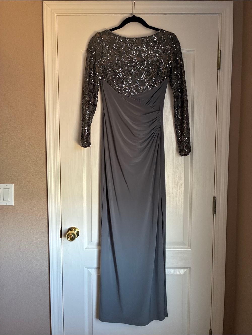 Lauren Ralph Lauren Silver-Gray Sequin Long-Sleeve Evening Dress